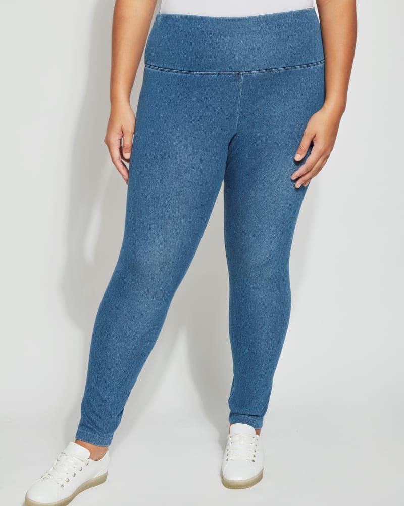 Front of a model wearing a size 2X Denim Straight Leg in Mid Wash by Lysse. | dia_product_style_image_id:299107